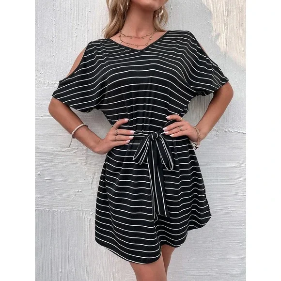 preppy Cold Shoulder Striped Belted Dress black white - Picture 10 of 10